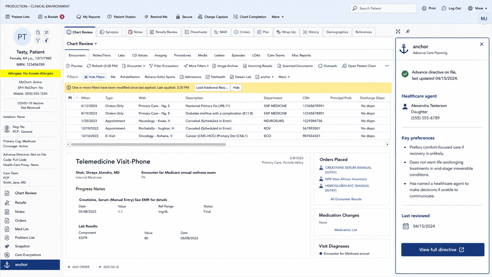 Concept mockup of a hospital chart with the anchor panel open beside it, showing that an advance directive is on file, the named healthcare agent, and the patient's key preferences.